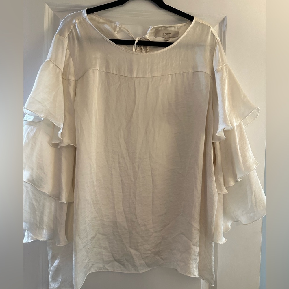 Ann Taylor LOFT Ivory Ruffle 3/4 Sleeve Satin Top Sz XL